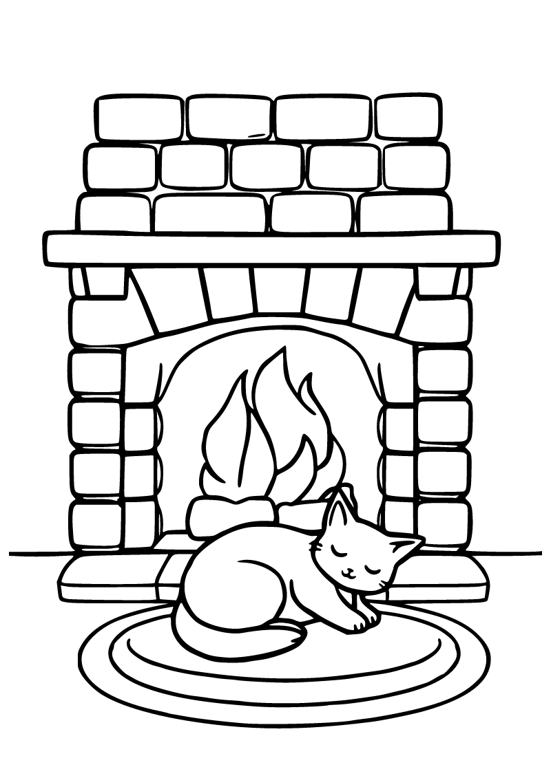 Printable cozy fireplace and cat coloring page for kids