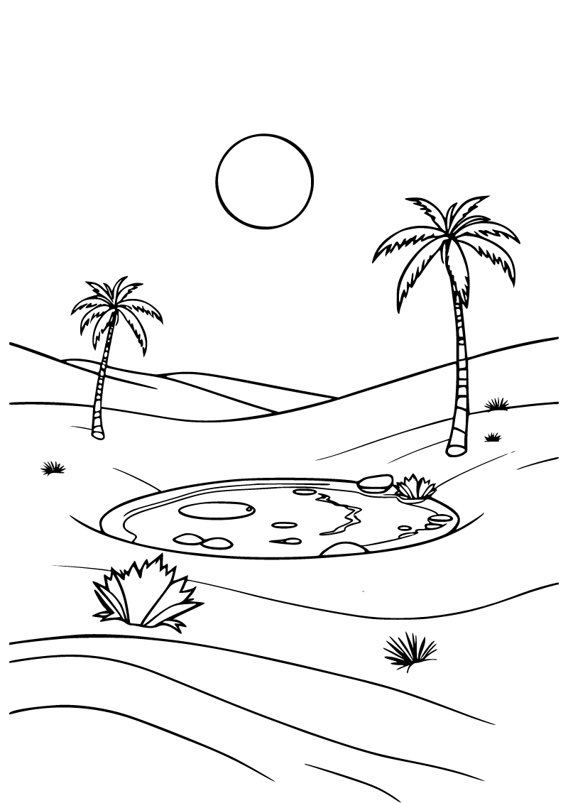 Printable desert oasis coloring page for kids