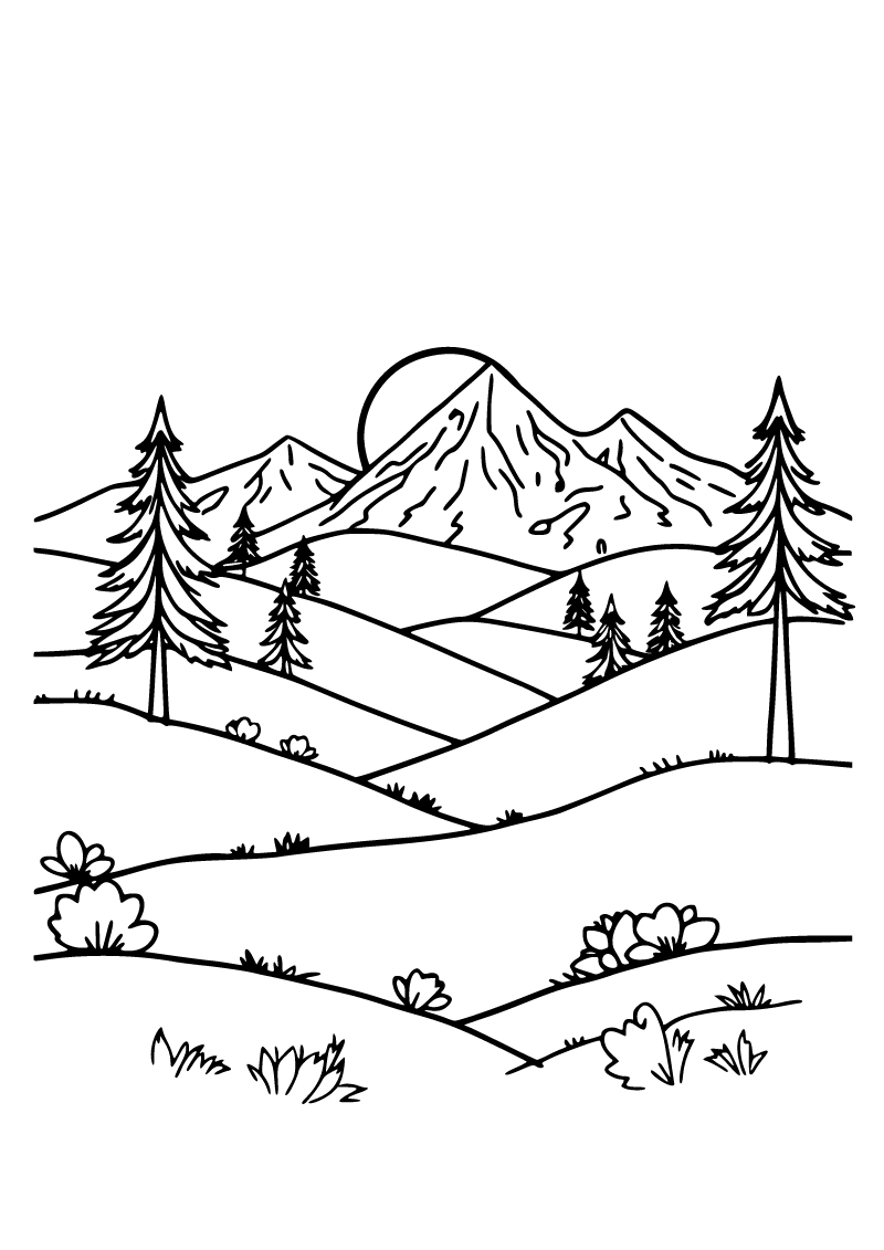 Printable nature landscape coloring page for kids
