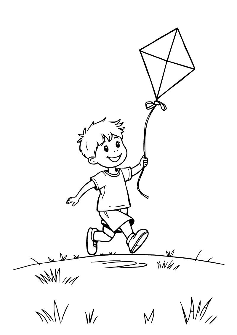 Printable child flying a kite coloring page for kids
