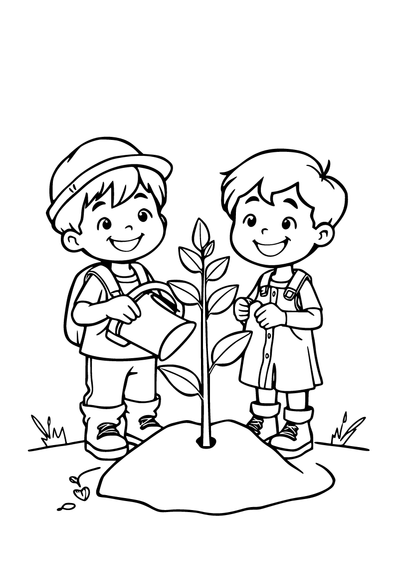 Printable kids planting a tree coloring page