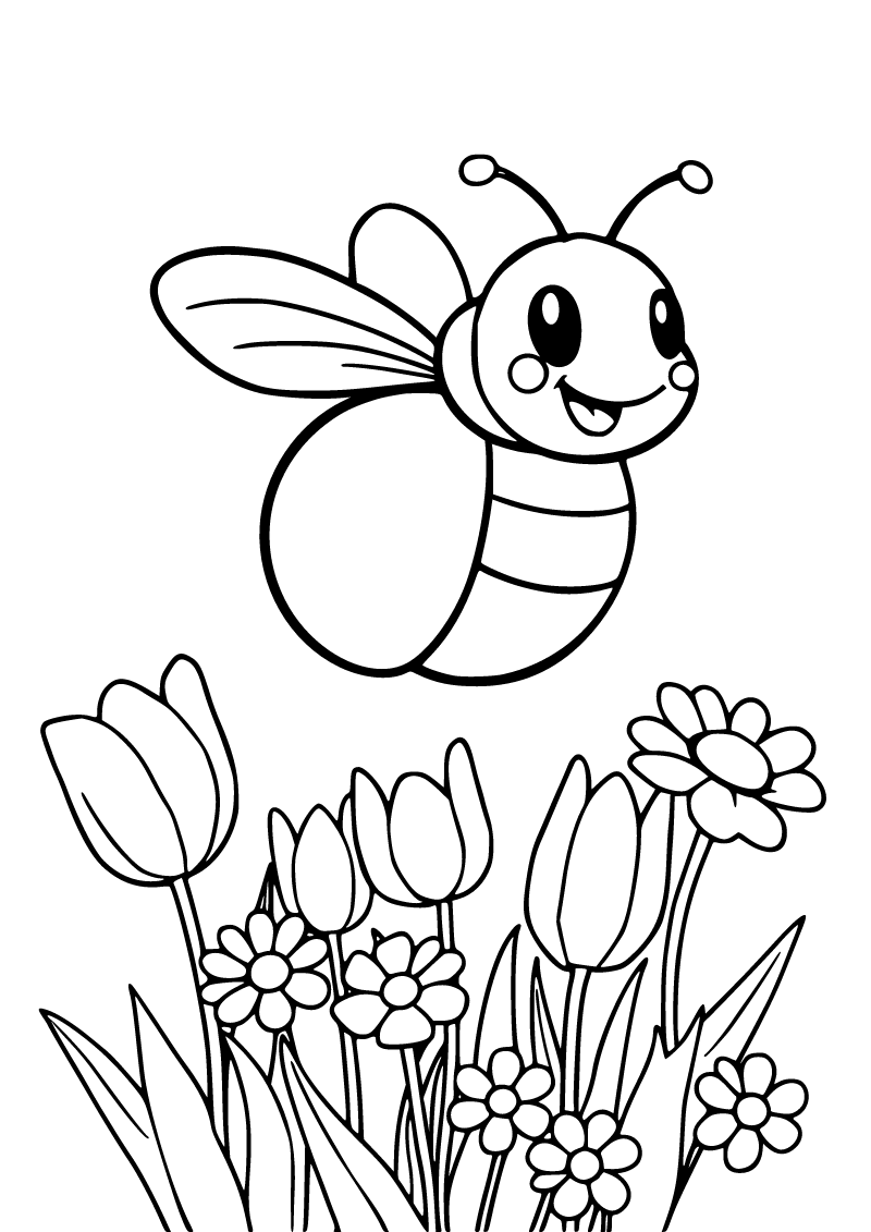 Printable spring flowers and bee coloring page for kids