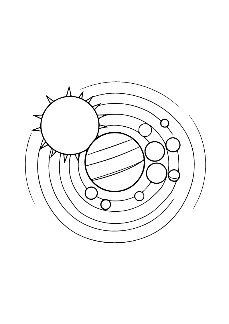 Printable solar system coloring page with the Sun and planets