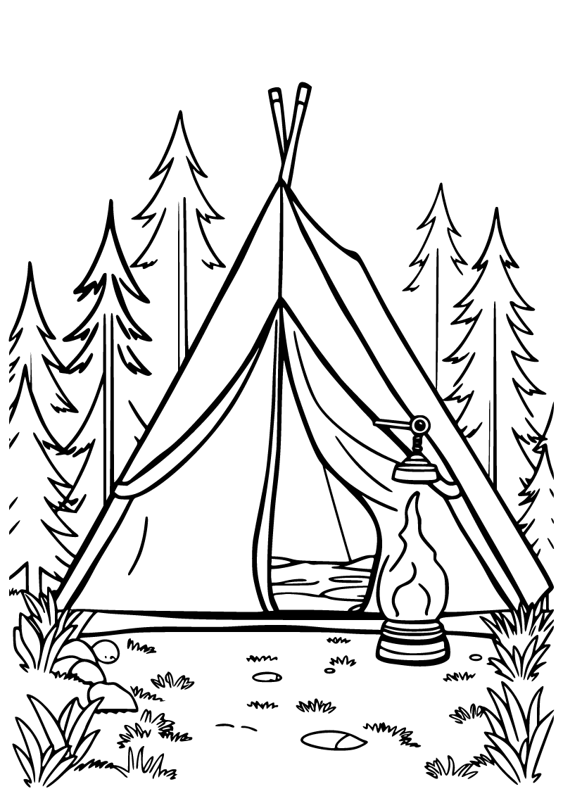 Printable camping tent and lantern coloring page for kids