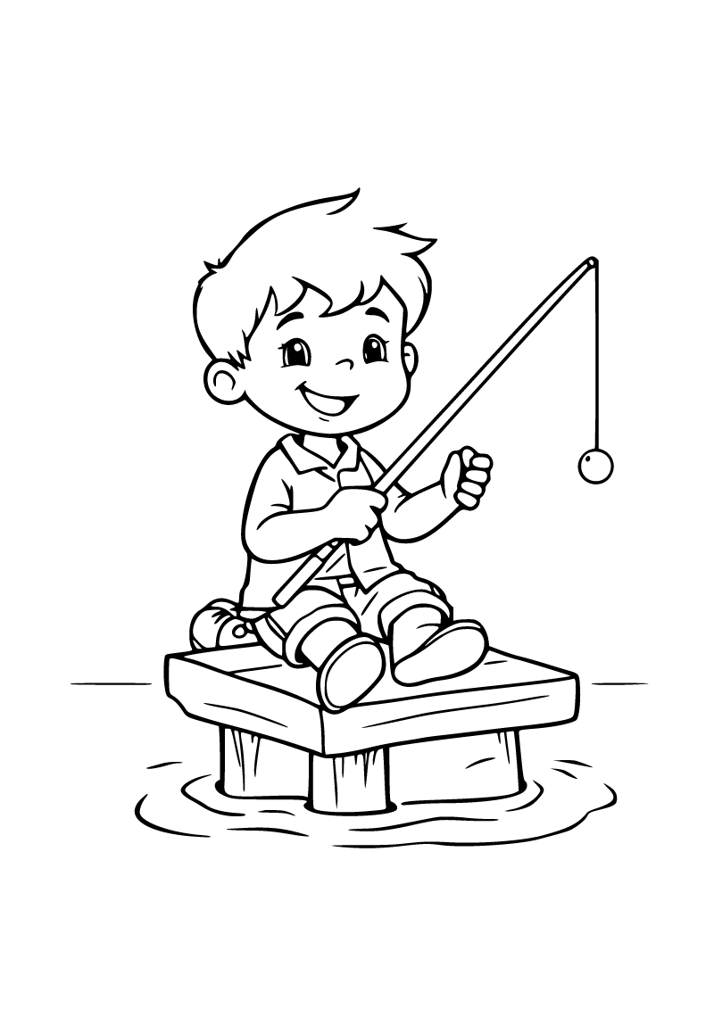 Printable child fishing coloring page for kids