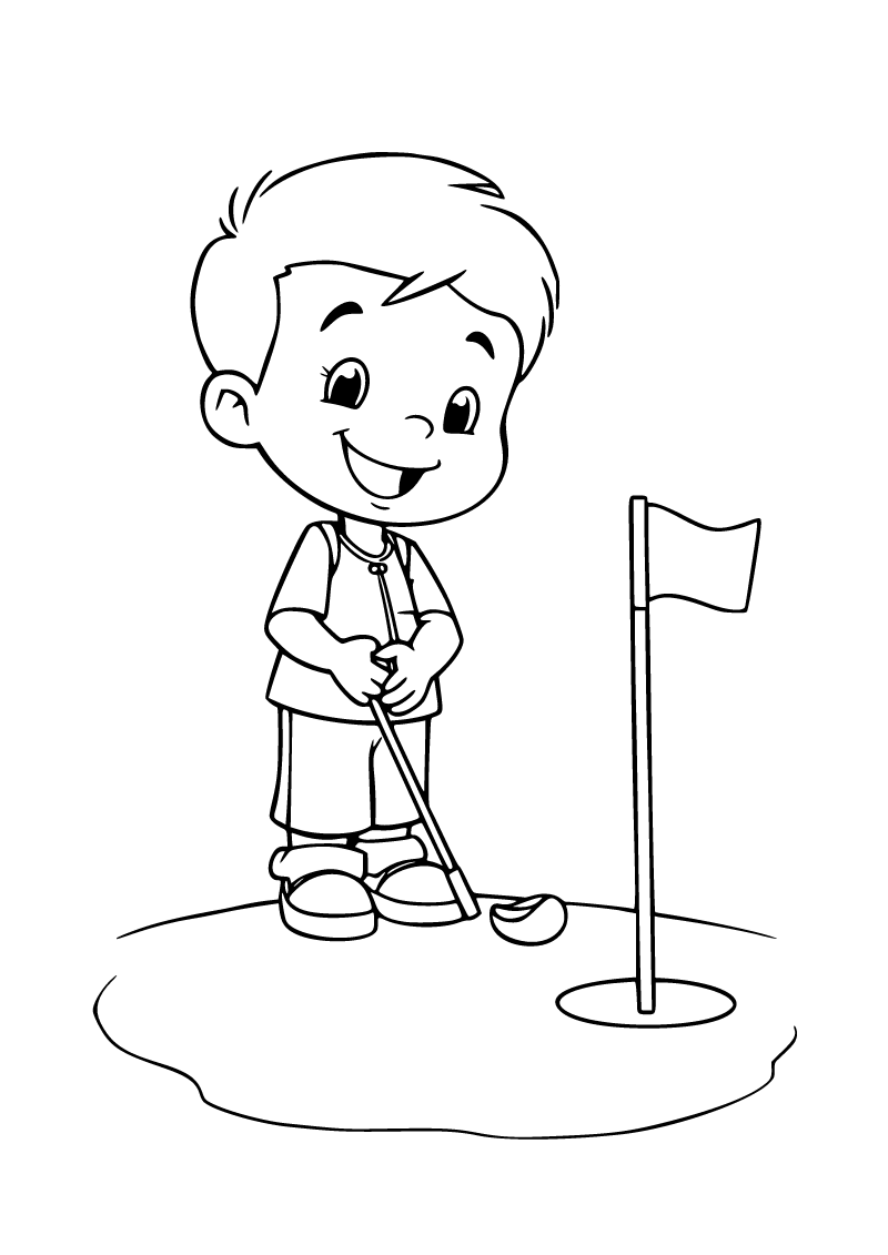 Printable child playing golf coloring page for kids