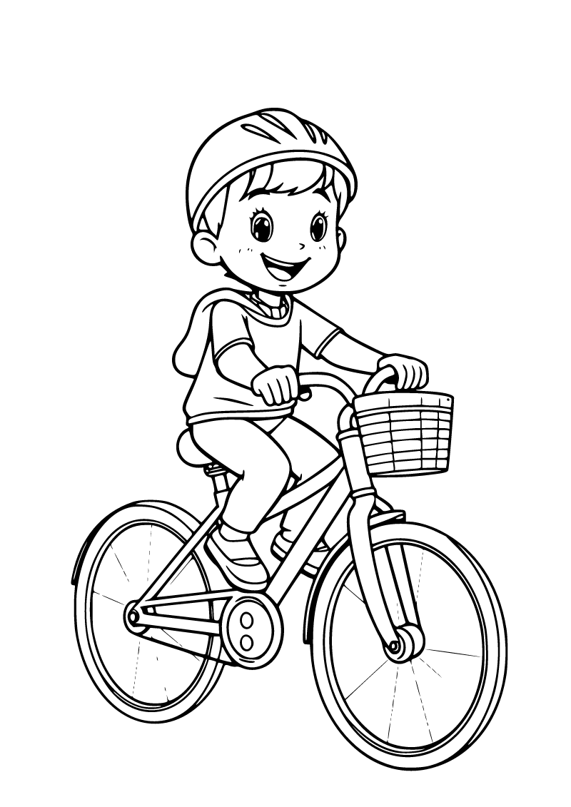 Printable child riding a bike coloring page for kids